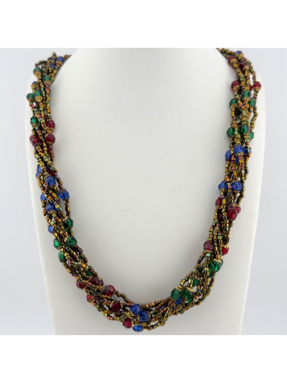 Multicolor Glass Beaded Layered Long Necklace Faceted Metallic 28"